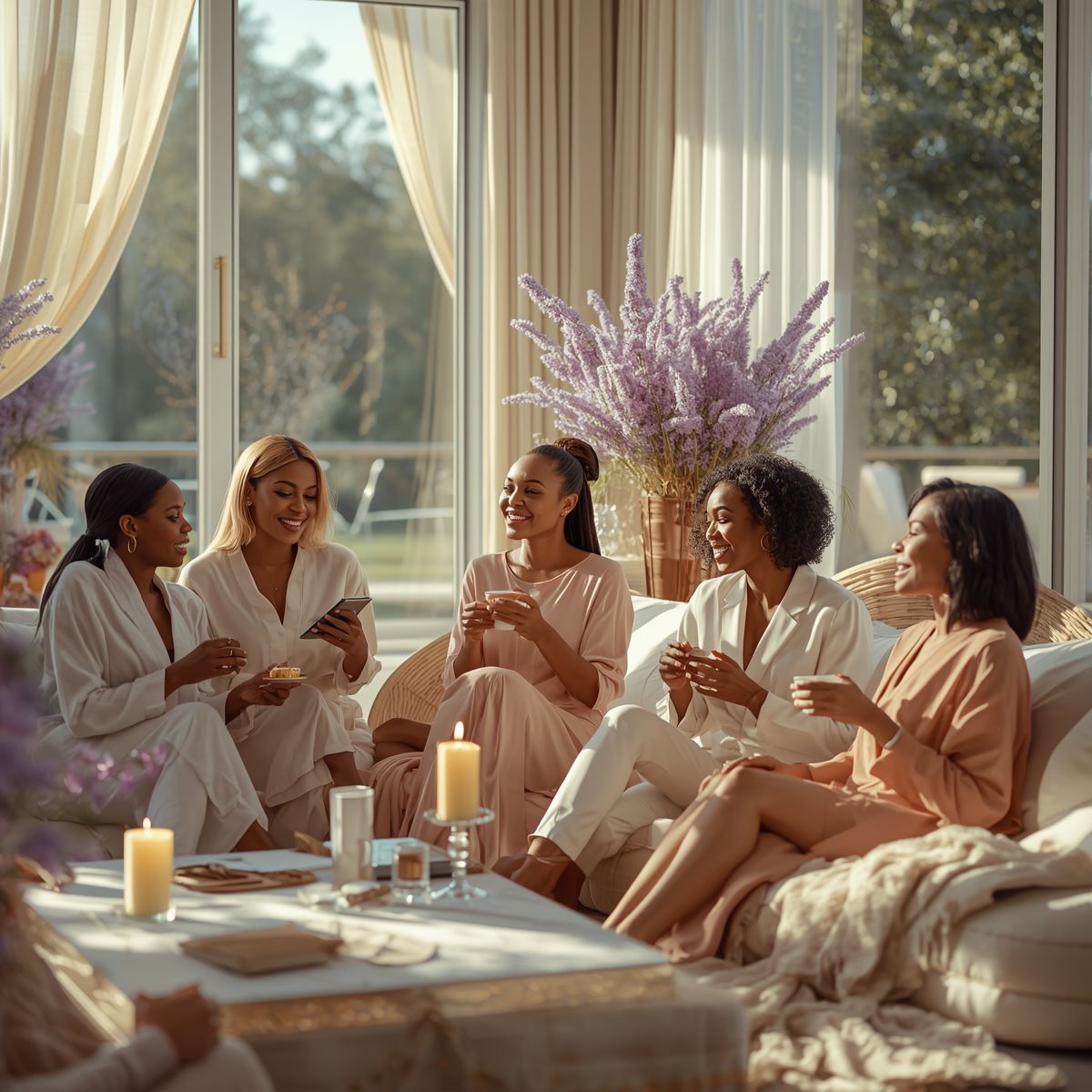 Sophisticated Black women gathered together in an elegant, serene setting